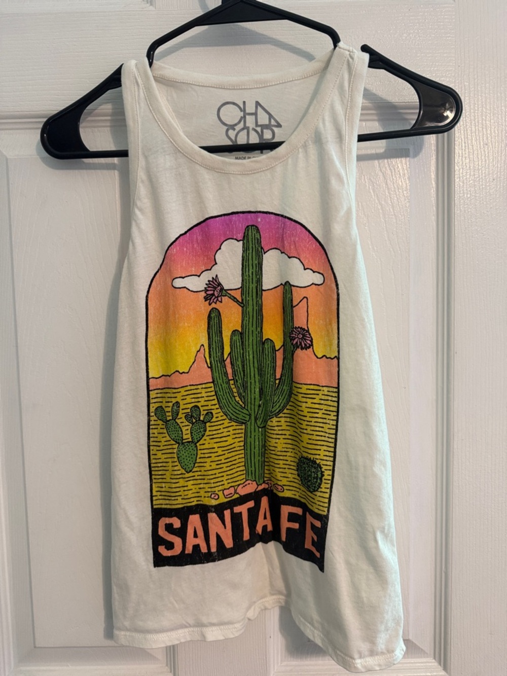 Chaser White Tank Top with Pink-Orange-Yellow Sunset Cactus Graphic